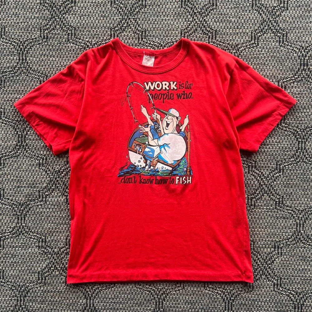 Vintage Fishing T-Shirt Mens Large Red Joke Parody Outdoors‎ Fish Single Stitch